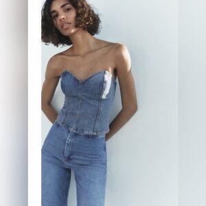 ZARA zip-up, strapless medium wash denim corset top. Size:S